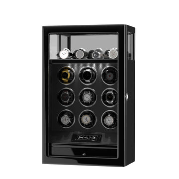 2026 IQ+ Serie - Patentierter, Intelligenter 9 Slot Uhrenbeweger | mit Tastensperre | Extra Standfläche für Schmuck | Schublade für weiteren Stauraum | LCD Touch Display | in Grün - Swatch x AP Royal Pop Strap - Schwarz