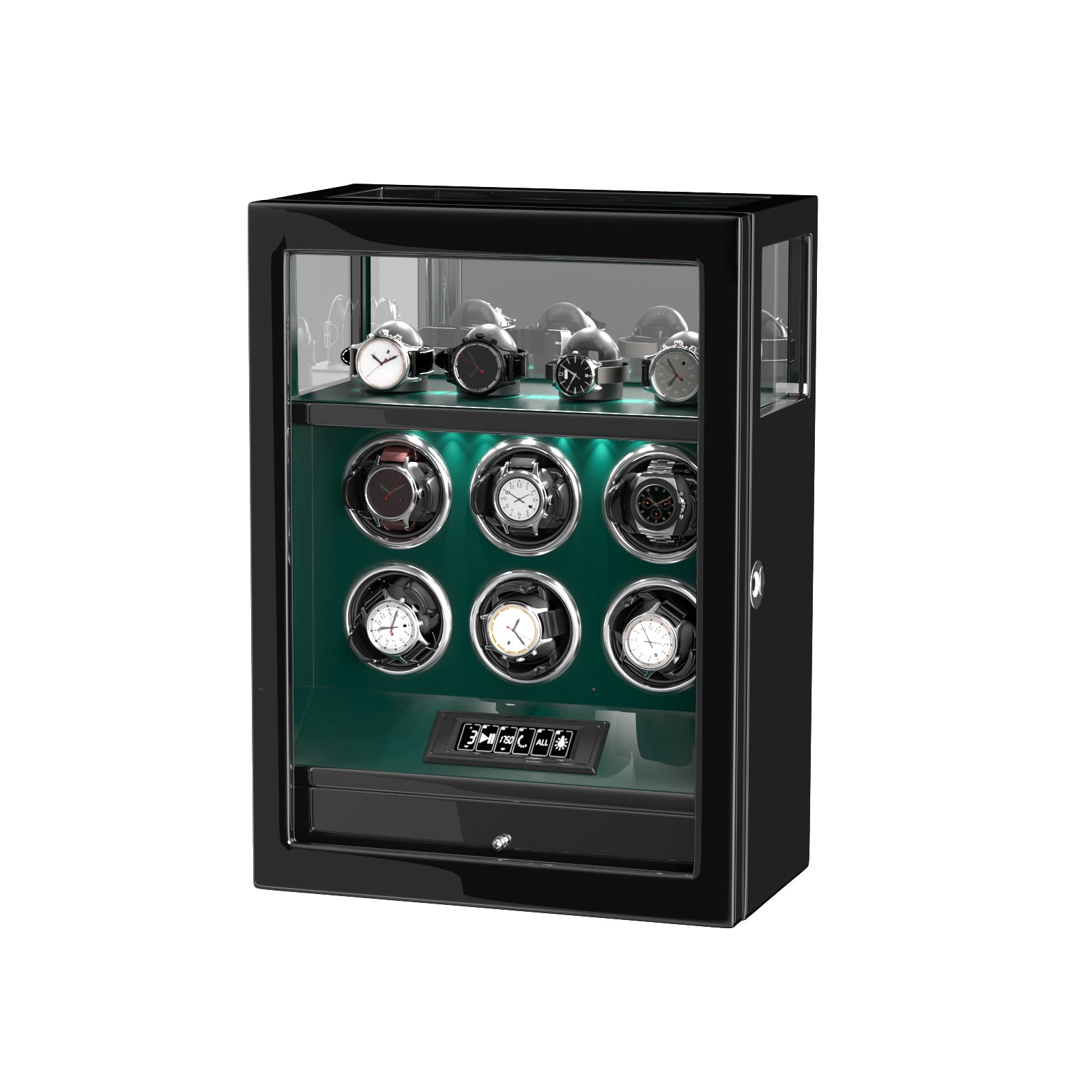 2026 IQ+ Serie - Patentierter, Intelligenter 9 Slot Uhrenbeweger | mit Tastensperre | Extra Standfläche für Schmuck | Schublade für weiteren Stauraum | LCD Touch Display | in Schwarz - Swatch x AP Royal Pop Strap - Grün