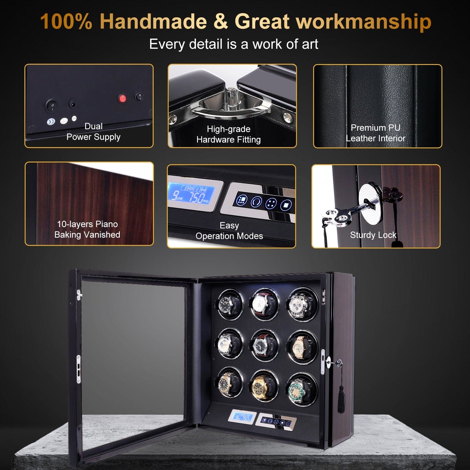 Amalfi Serie - 9 Slot Uhrenbeweger | mit Tastensperre | Smart LCD Touch-Screen in Holz und Schwarzleder - Swatch x AP Royal Pop Strap - Default Title